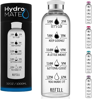 8HydroMATE 32 oz Glass Water Bottle