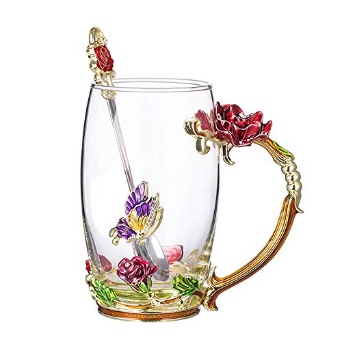 COAWG Flower Glass Tea Mug with Spoon, Lead Free Handmade Enamel Rose and Butterfly Clear Glass Coffee Cup with Handle