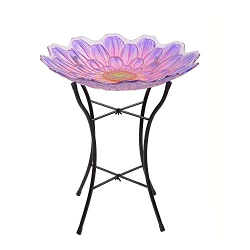 Peaktop 3204503A Garden Handpainted Flower Fusion Glass Birdbath With Metal Stand, 21.2" Height, Pink/Purple
