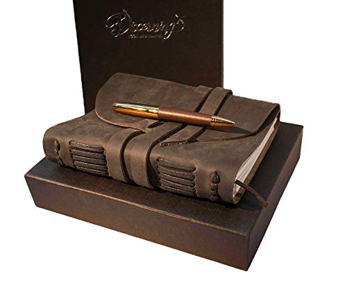 BEST LEATHER JOURNAL GIFT SET - for women men - UNIQUE SOFT ROLL UP vintage LUXURY medium UNLINED 7 x 5 notebook, antique PEN & BOX