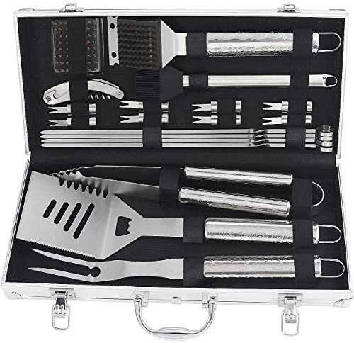 POLIGO 20pcs BBQ Grill Accessories Set with Pattern Engraved Handle Stainless Steel BBQ Tool in Aluminum case for Camping - Outdoor Barbecue Grilling Utensils Kit - Father's Day Birthday Gift for Men