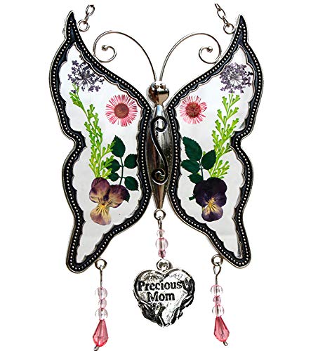 New Butterfly Suncatchers Glass Mother Wind Chime with Pressed Flower Wings Embedded in Glass with Metal Trim Mom Heart Charm