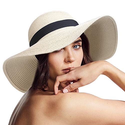 Womens Sun Straw Hat Wide Brim UPF 50 Summer Hat Foldable Roll up Floppy Beach Hats for Women