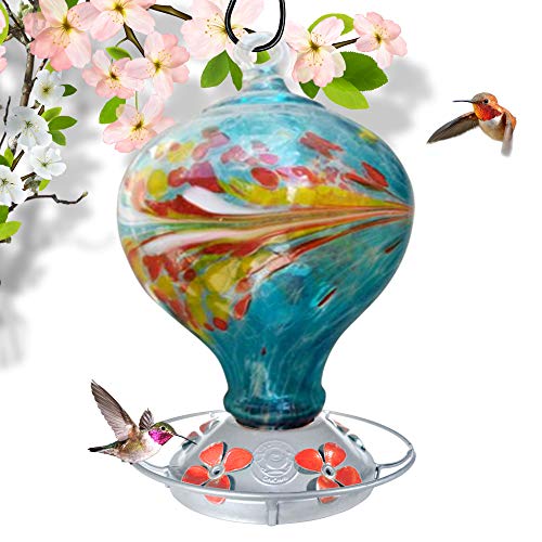 Grateful Gnome - Hummingbird Feeder - Hand Blown Glass - Blue Egg with Flowers - 36 Fluid Ounces