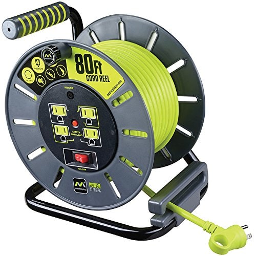 Masterplug 80ft Open Extension Cord Reel with 4 120V / 13 amp Integrated Outlets and Thermal Overload Breaker