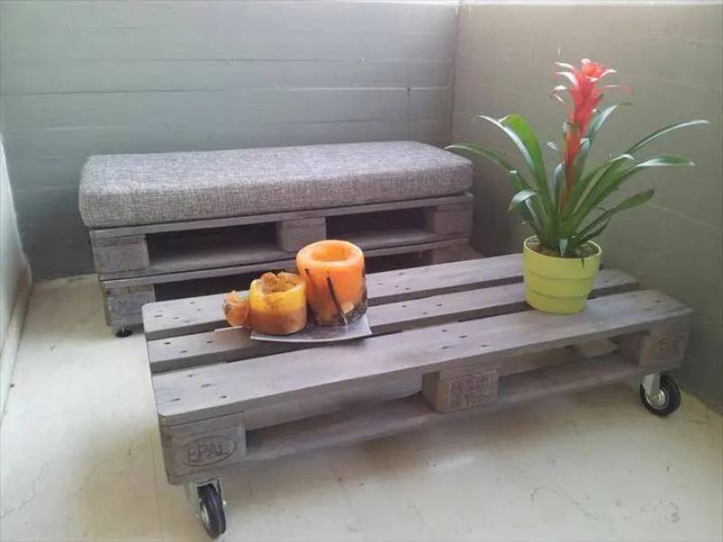 DIY Pallet Cushioned Bench and Coffee Table