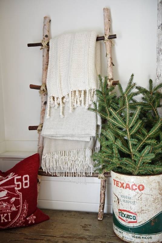DIY birch log blanket ladder