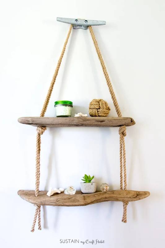 DIY hanging rope shelf with driftwood