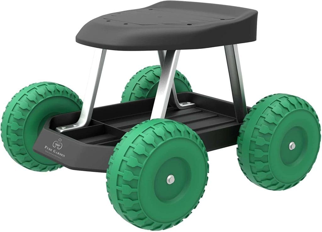 Garden Cart Rolling Scooter with Seat and Tool Tray