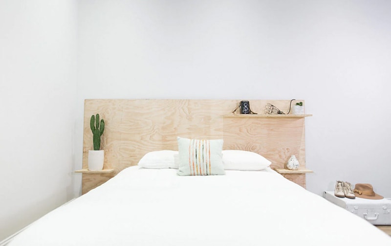 diy minimalist plywood shelf headboard