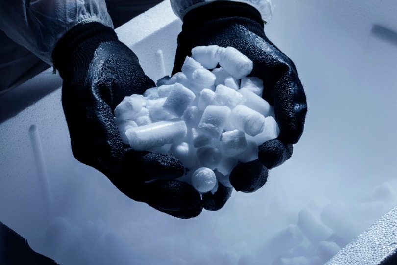 dry ice in mans hand