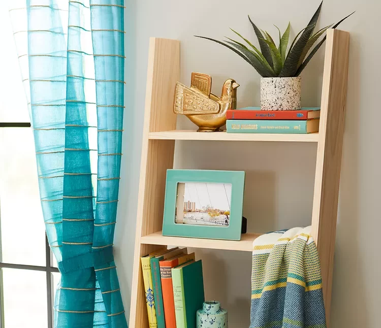 ladder shelf with plants and books