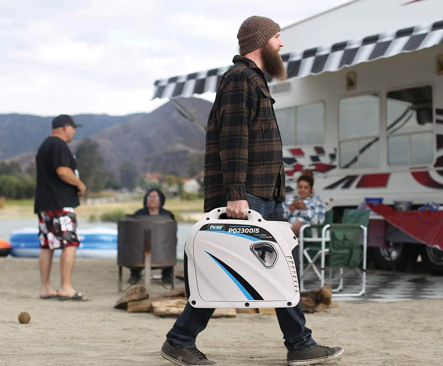 man carrying Pulsar G2319N Portable Gas-Powered Inverter Generator