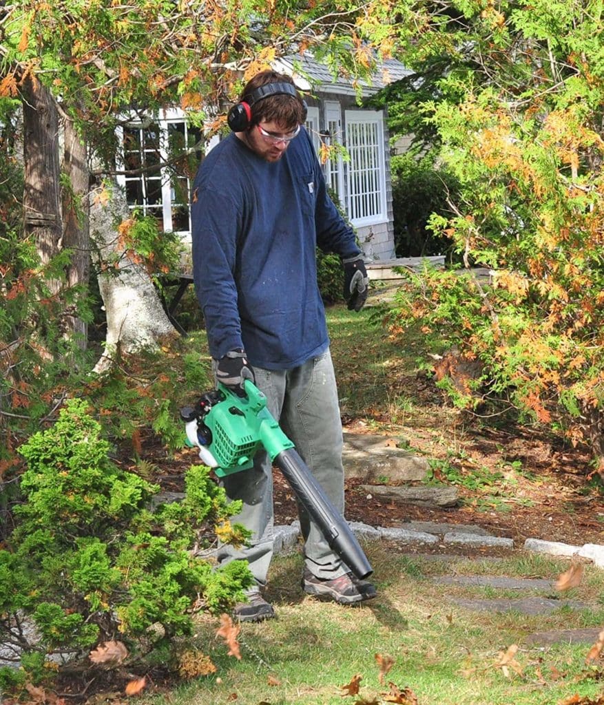 man using Hitachi Gas Powered Leaf Blower