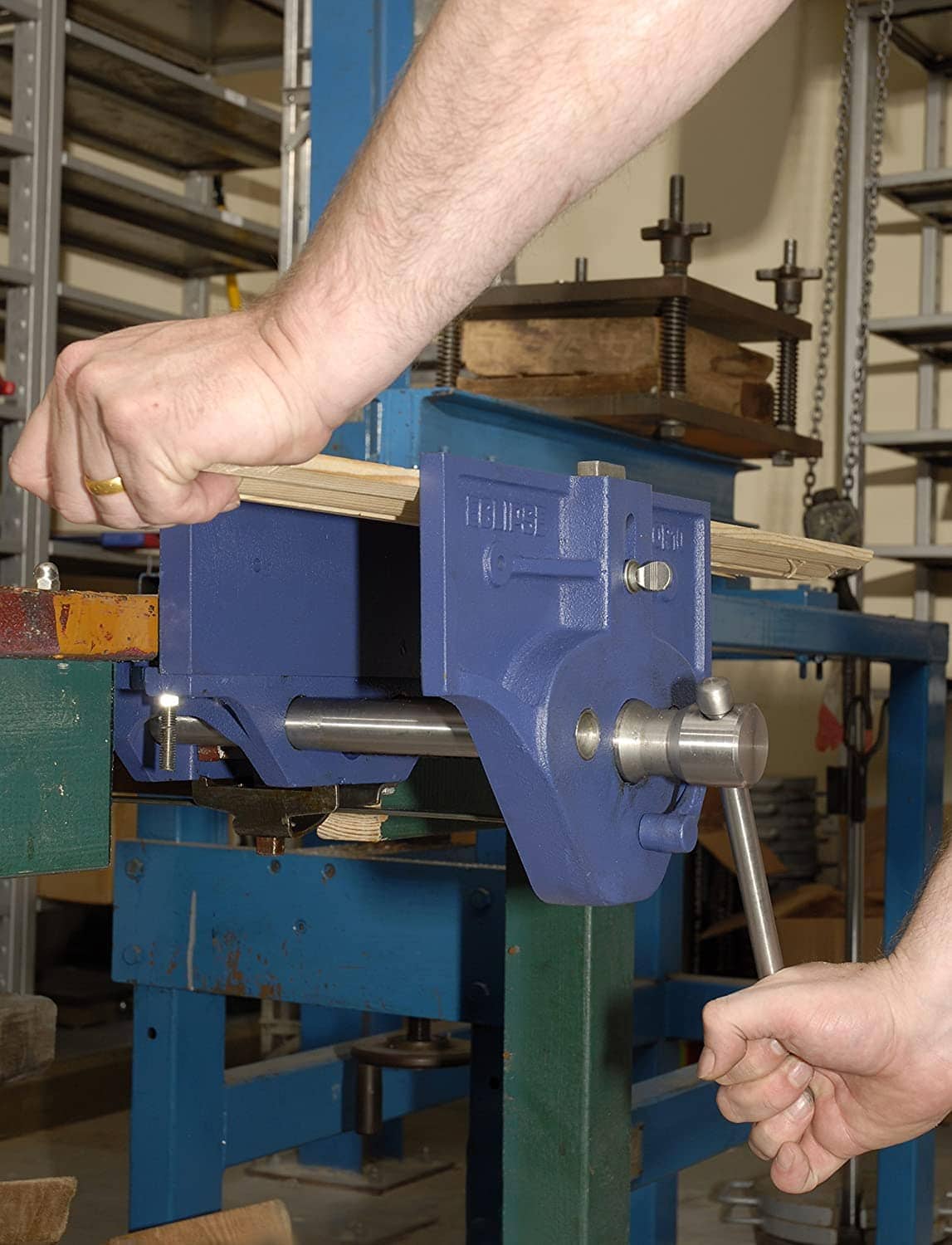 person using Eclipse Quick Release Woodworking Vise