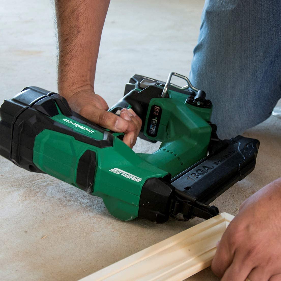 person using Metabo NT1850DE HPT Cordless Brad Nailer