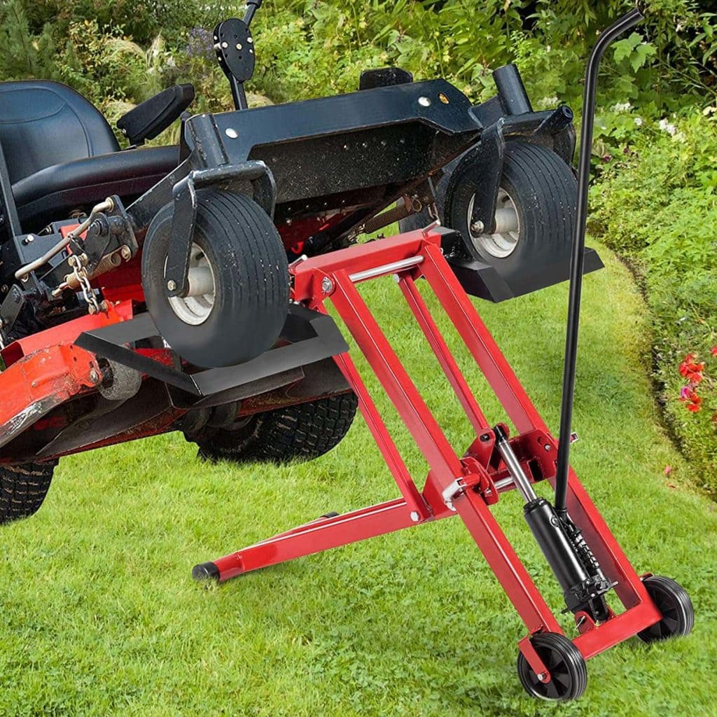 using Goplus Lawn Mower Lift with Hydraulic Jack