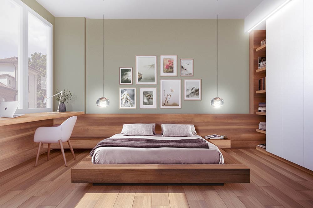 white and wood bedroom interior