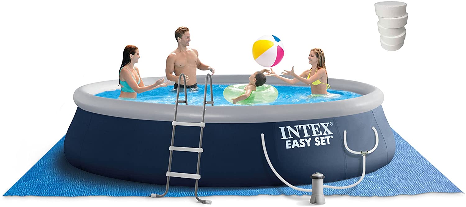 Intex Easy Set 15ft x 42in Inflatable Outdoor Above Ground Swimming Pool Bundle