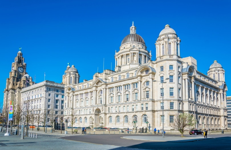 Three Graces buildings in Liverpool England