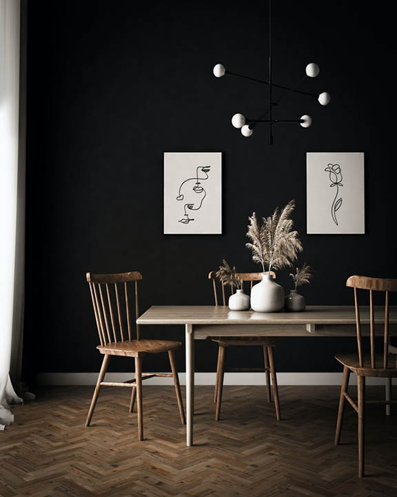 black interior dining room with herringbone flooring