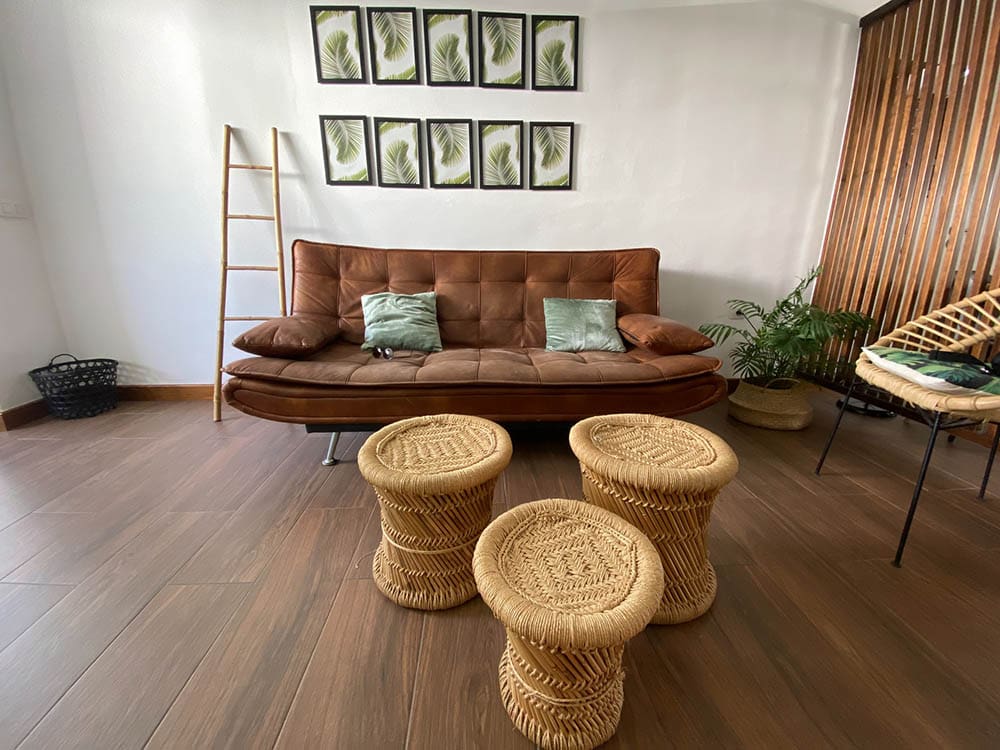 boho living room with vinyl flooring