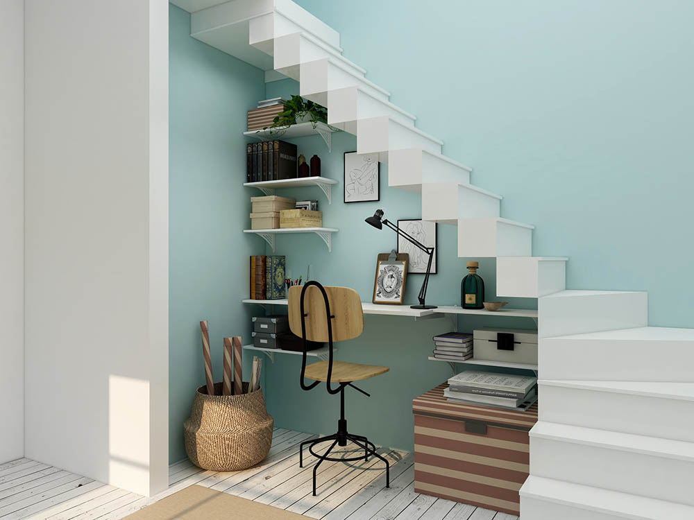 bright blue hallway wallpaper
