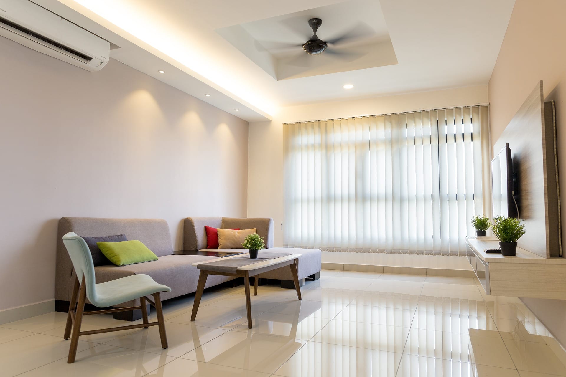 Minimalist indoor family room with sofa