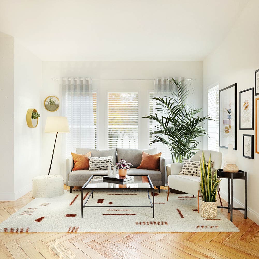 living room with patterned floor