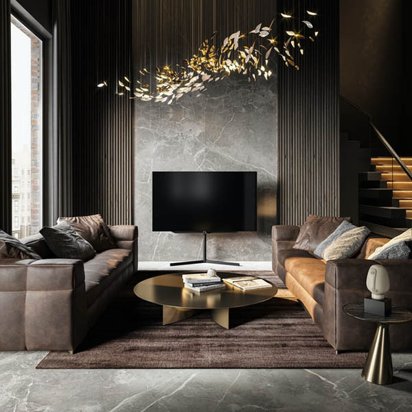 living room with wood and marble wall