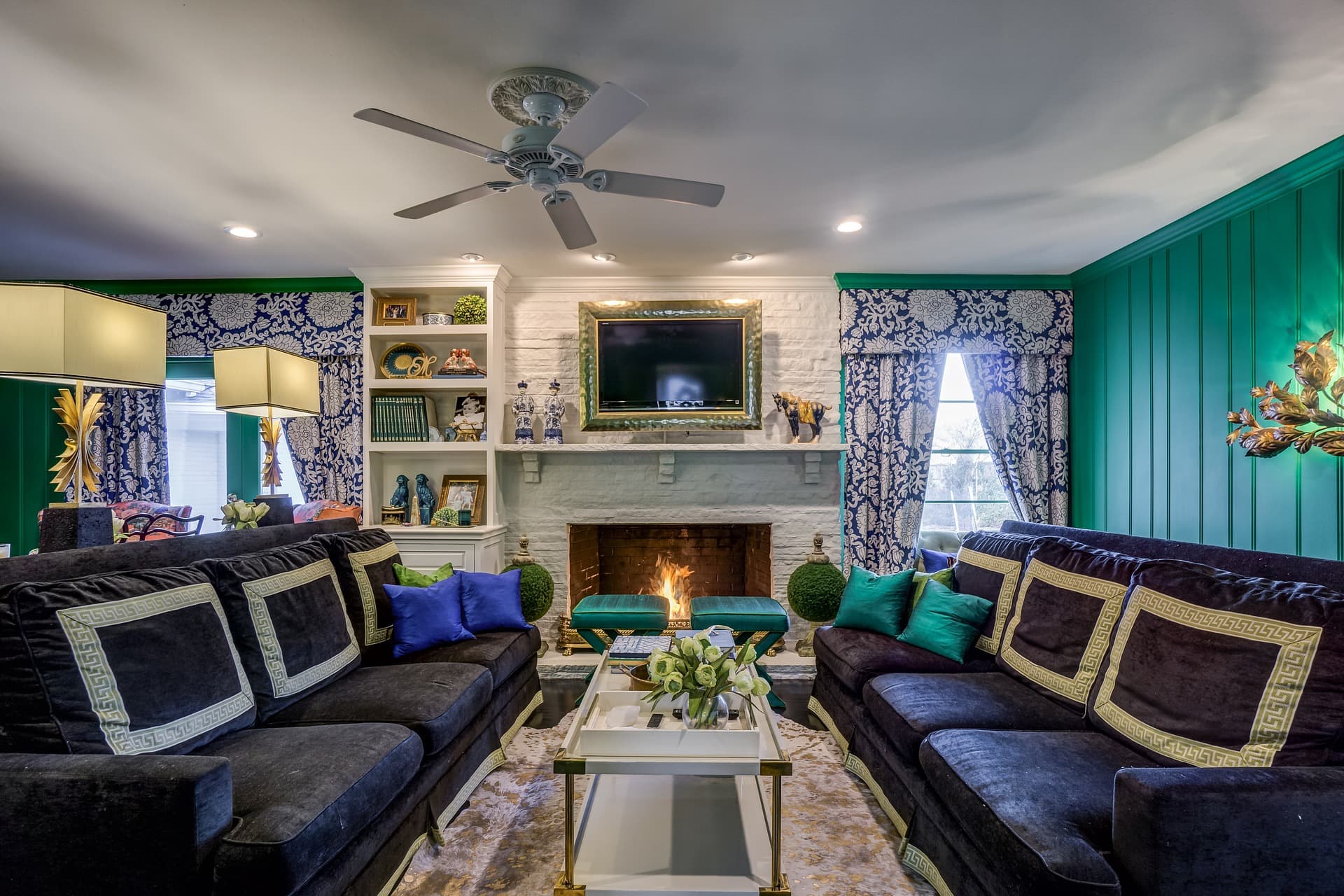 Bold Color in family room, blue, green, teal