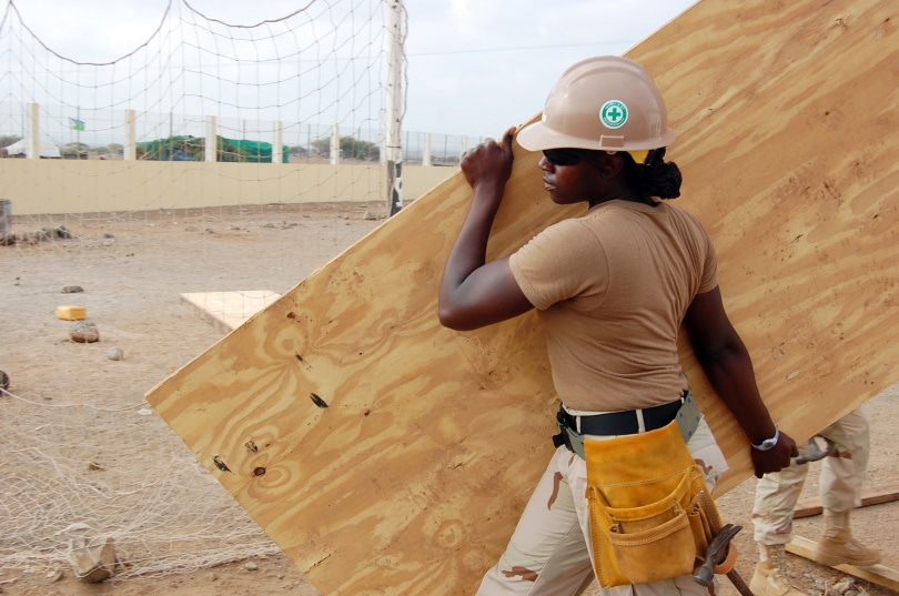 woman carrying plyboard