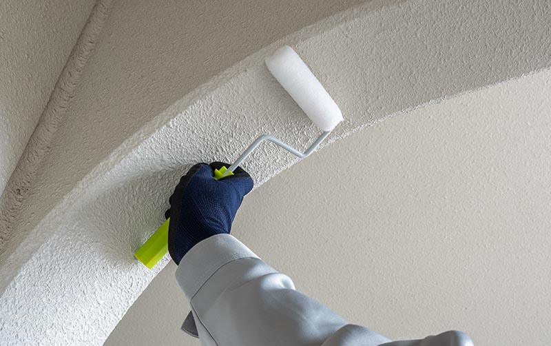 A worker who paints the outer wall with a paint roller