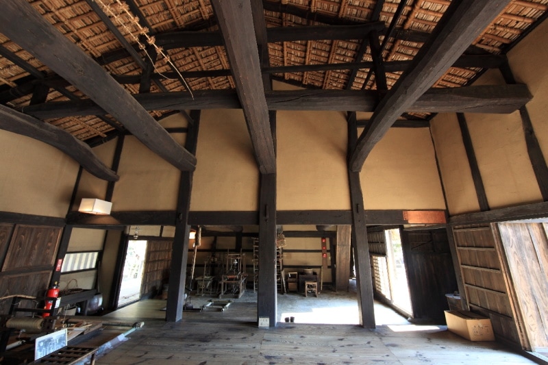 Large wooden beams in a big room