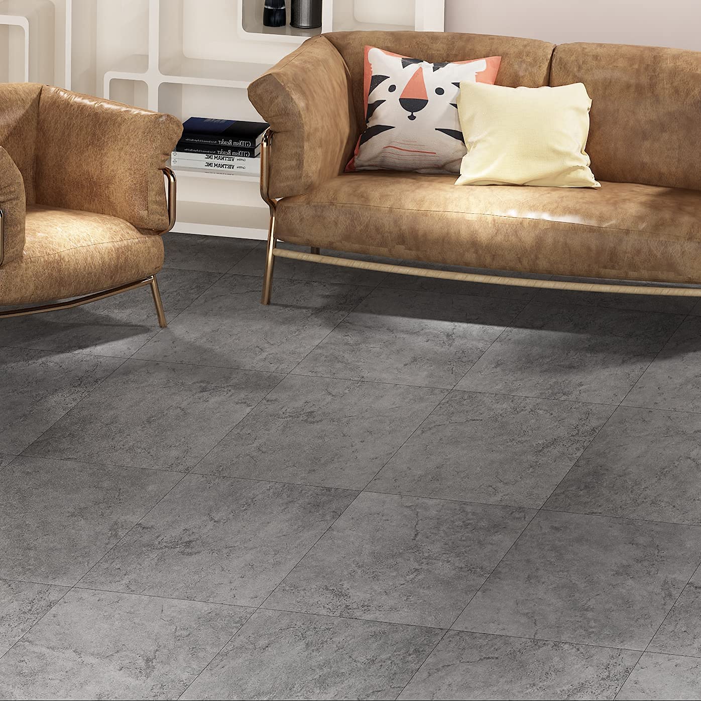 Livelynine 16-Pack Grey Slate Tile Flooring Peel and Stick Waterproof Vinyl Flooring Sheet