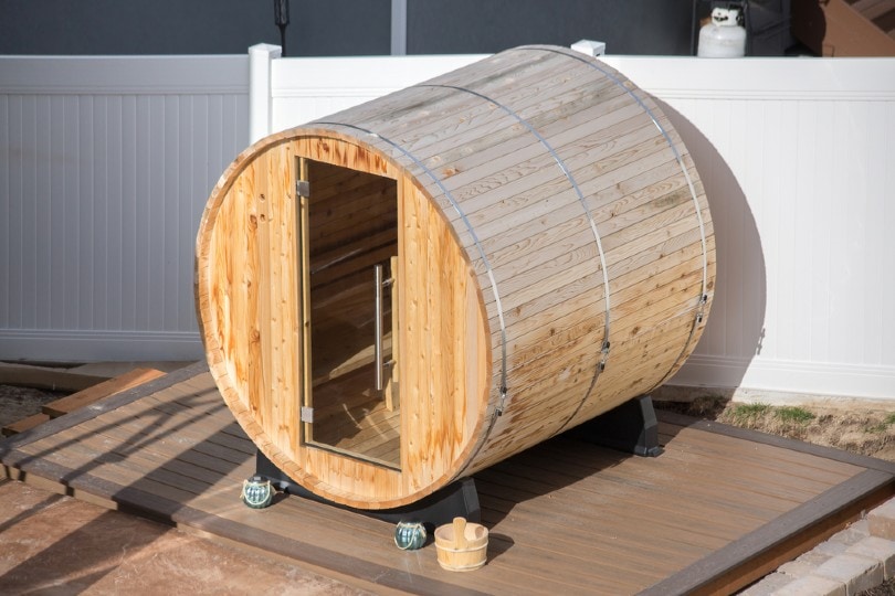 barrel sauna in the backyard