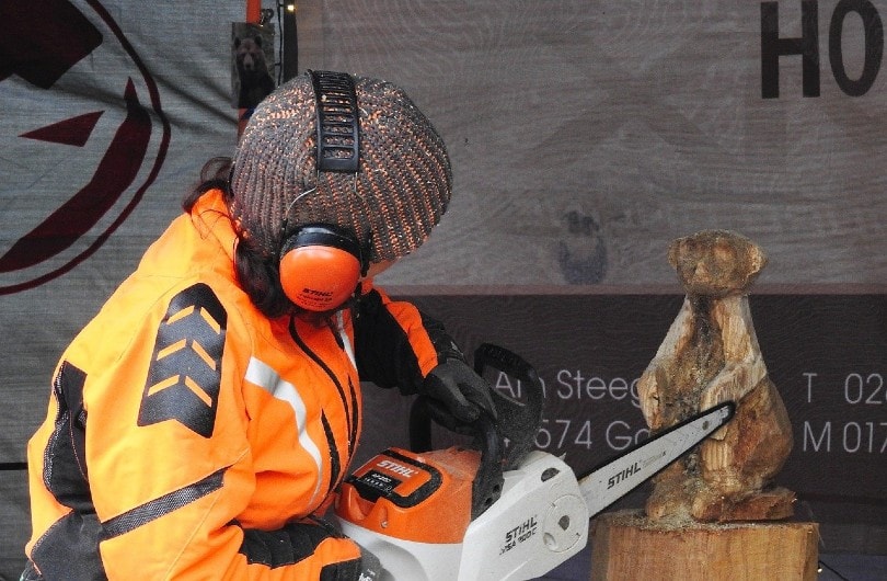 female artist doing chainsaw wood carving