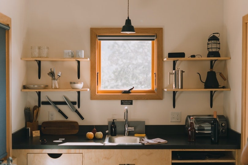 kitchen interior with open shelves