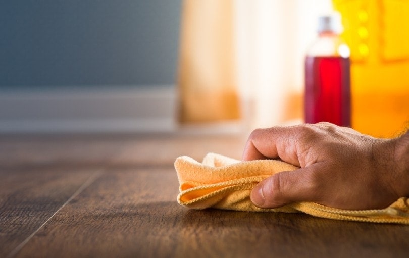 male hand wiping hardwood floor