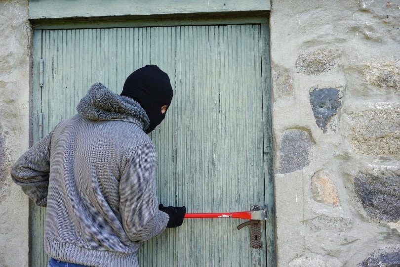 masked thief beaking in into someone's home