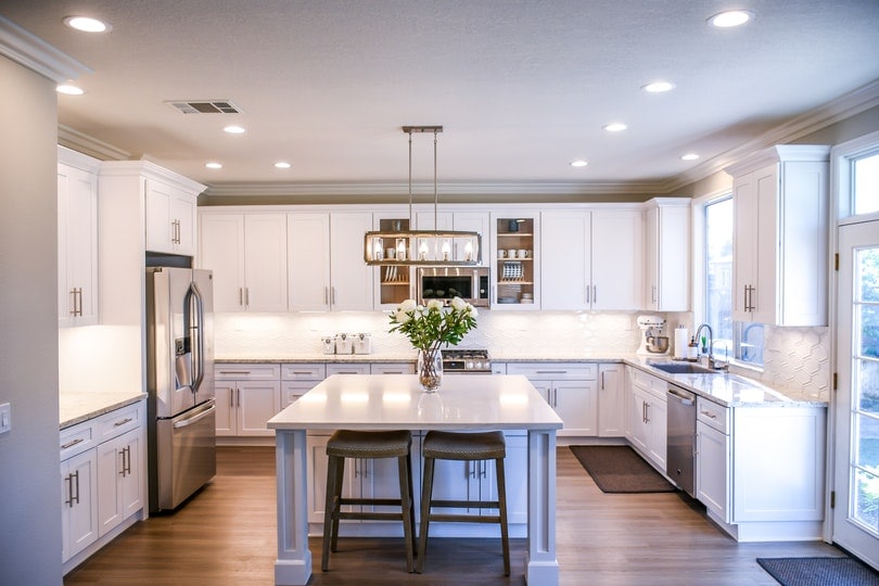 modern kitchen interior with laminated flooring