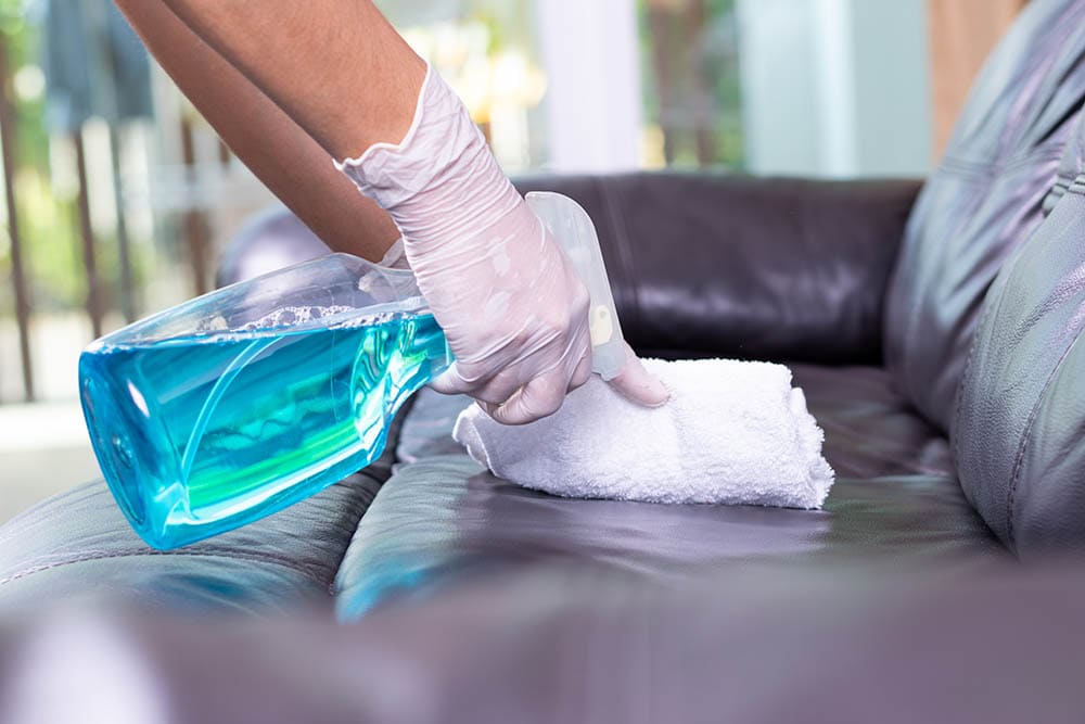 spraying leather couch with deodorizer