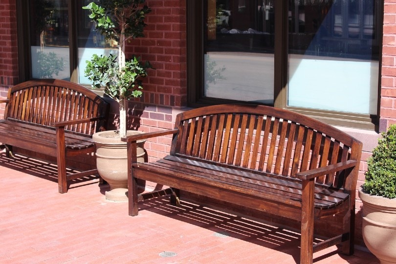 two outdoor wooden benches