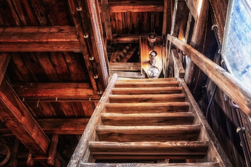 very steep wooden stairs