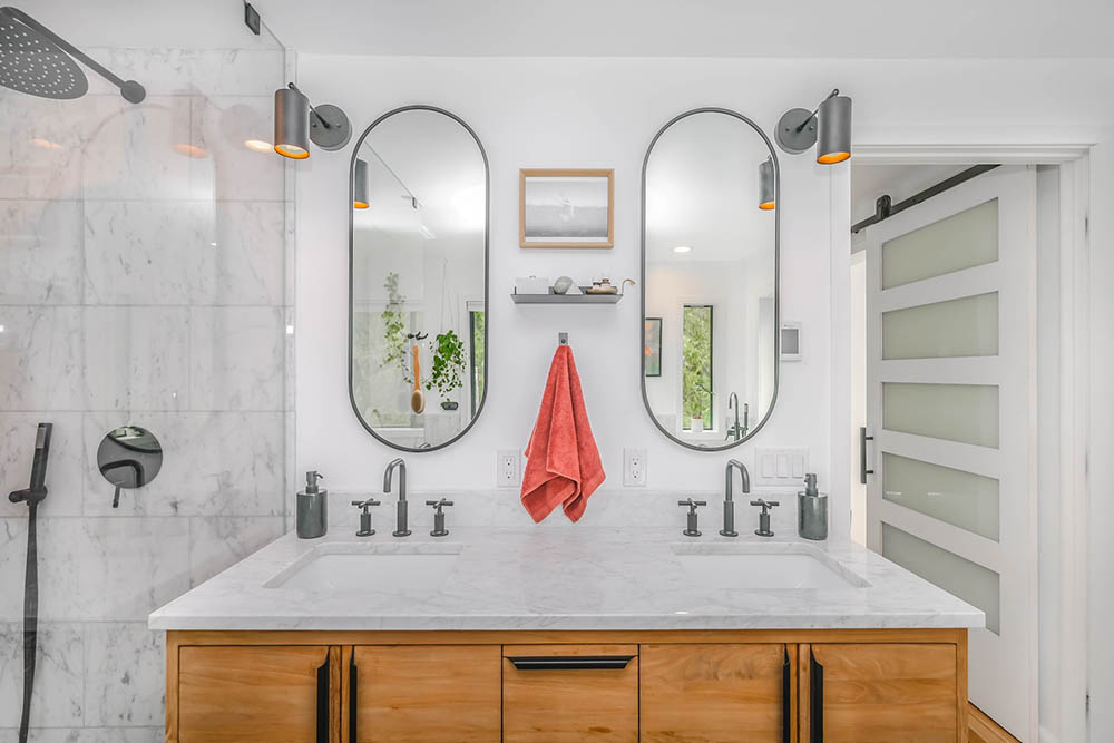 white and wood bathroom vanity