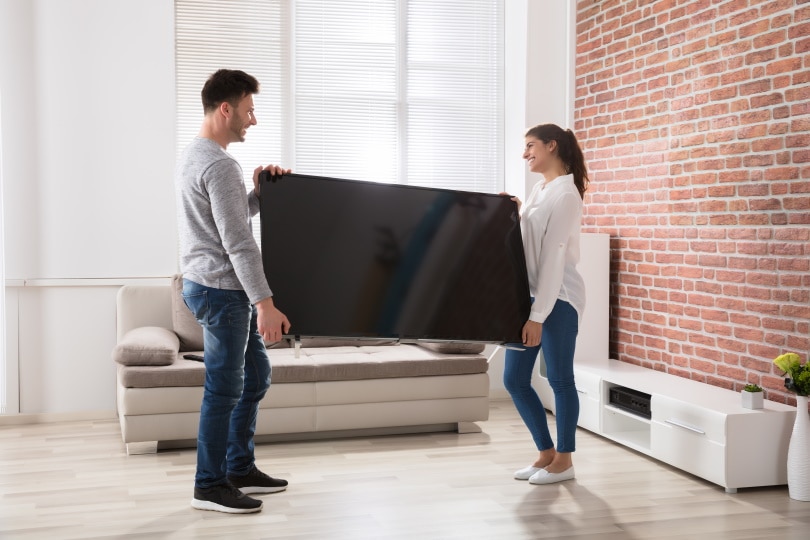 couple carrying television