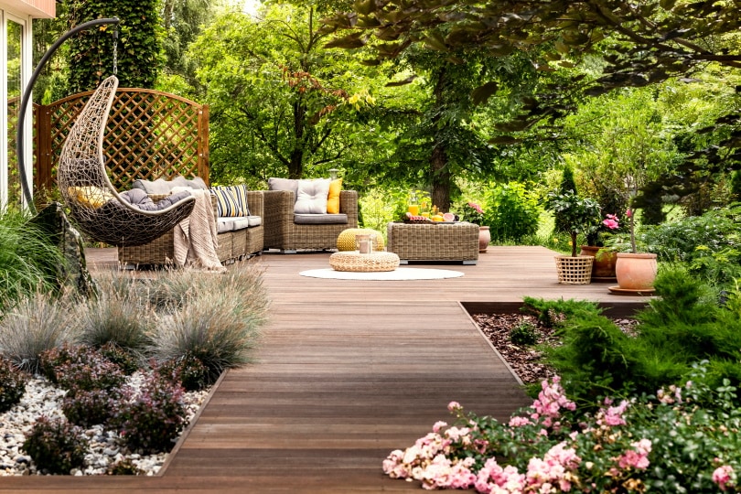 wooden terrace with garden