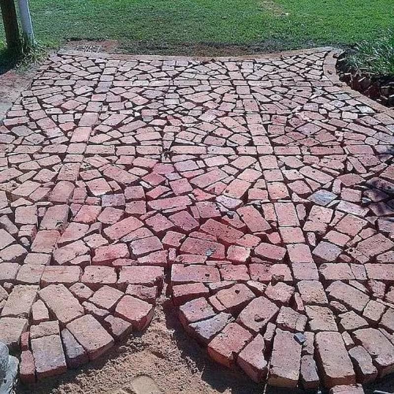 DIY paving with broken and half bricks