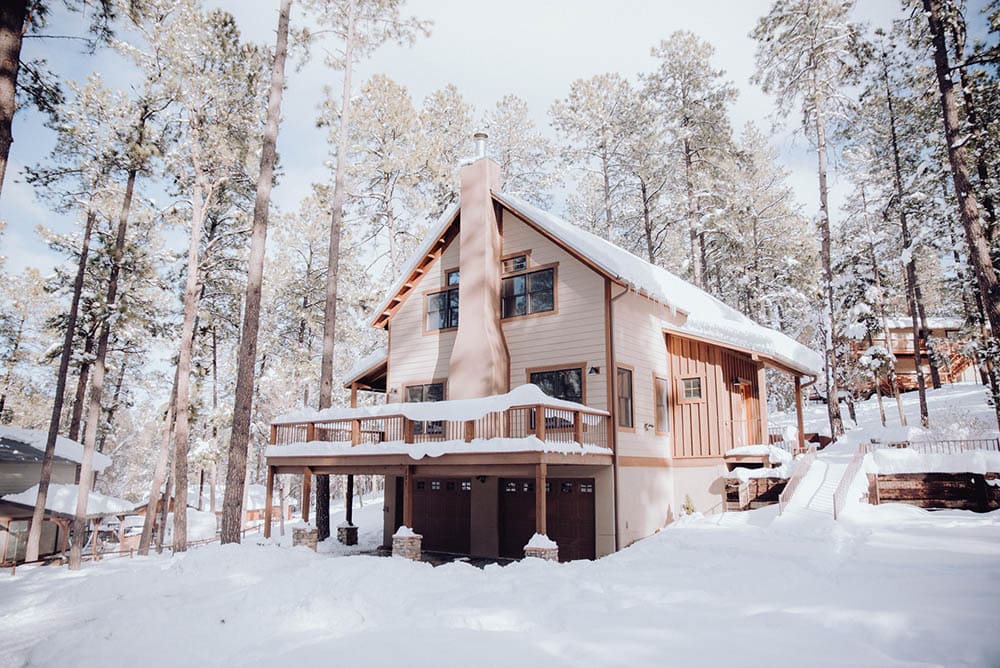 exterior of house in the midst of tall trees during winter