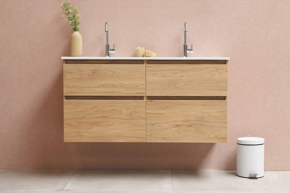 brown wooden cabinet with white trash can